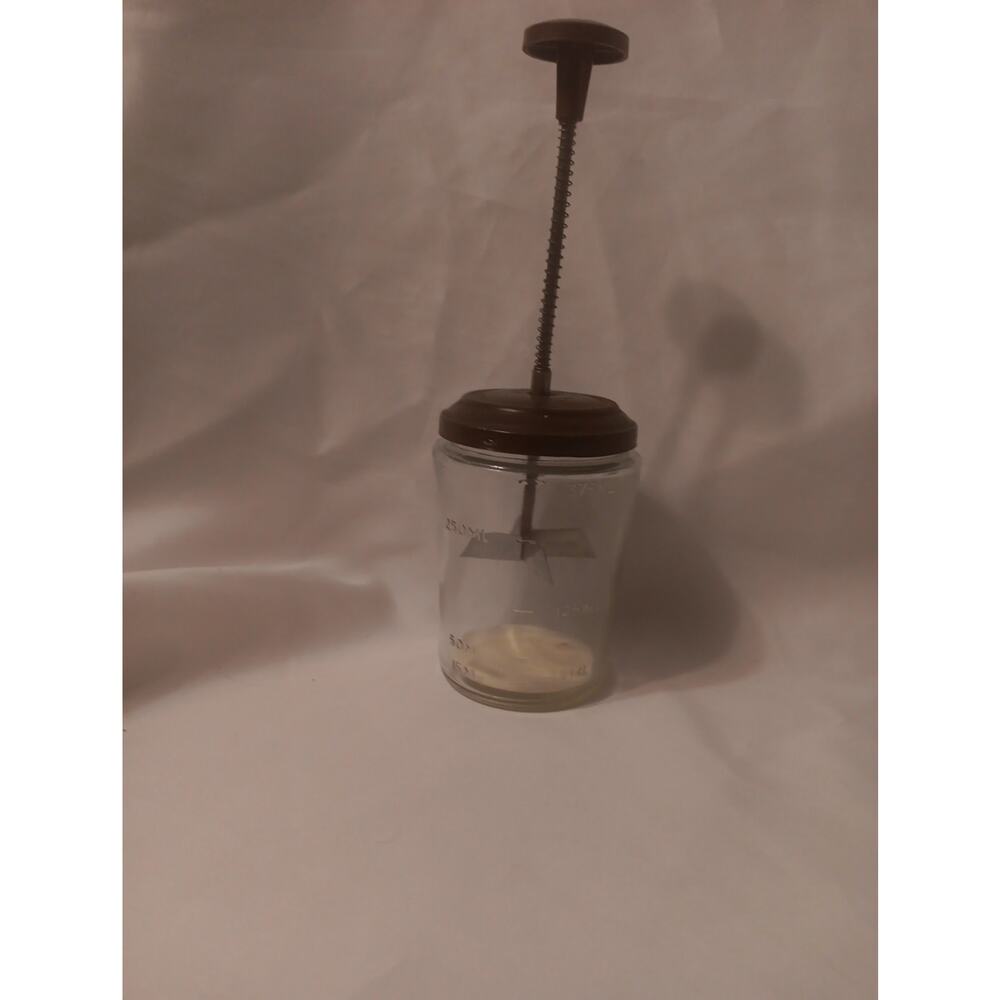 vintage Nut Chopper: ACME 1 1/2 cup size glass jar w Embossed measure